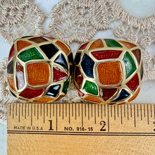 Load image into Gallery viewer, Vintage 80s Maresca Gold Plated Orange Green Red Blue Enamel Clip Earrings 1.5"