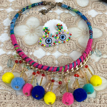 Load image into Gallery viewer, Pom-Pom Tassel Necklace with Evil Eye Earrings Set