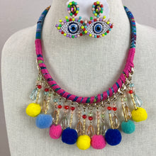 Load image into Gallery viewer, Pom-Pom Tassel Necklace with Evil Eye Earrings Set