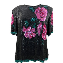 Load image into Gallery viewer, Vintage 80s 100% Silk Sequin Roses Top Size Large