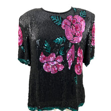 Load image into Gallery viewer, Vintage 80s 100% Silk Sequin Roses Top Size Large