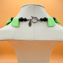 Load image into Gallery viewer, Vintage Lime Green Fan Slice Onyx Black Bead Necklace 800 Silver Toggle Clasp