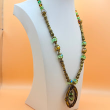 Load image into Gallery viewer, Vintage 80s Brass Filigree & Peridot Green Crystal Statement Pendant Necklace