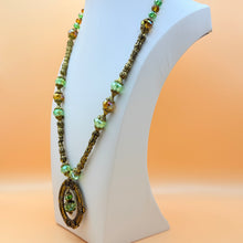 Load image into Gallery viewer, Vintage 80s Brass Filigree & Peridot Green Crystal Statement Pendant Necklace