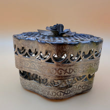 Load image into Gallery viewer, Vintage Intricate Filigree Metal Trinket Box with Dimensional Rose Lid