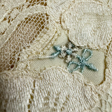Load image into Gallery viewer, VTG 50s Lace Trim Ivory Slip Dress Blue Floral Embroidery Size Medium