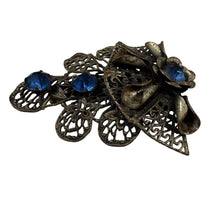 Load image into Gallery viewer, Vintage Art Nouveau Revival Fur Clip Filigree Blue Glass