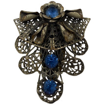 Load image into Gallery viewer, Vintage Art Nouveau Revival Fur Clip Filigree Blue Glass