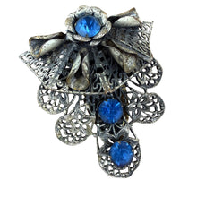 Load image into Gallery viewer, Vintage Art Nouveau Revival Fur Clip Filigree Blue Glass