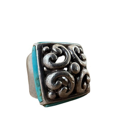 Load image into Gallery viewer, Vintage 925 Sterling Silver Turquoise Ring Ornate Square Face Size 8