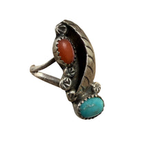 Load image into Gallery viewer, Vintage 925 Turquoise Coral Leaf Ring Signed Size 6.5