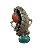 Load image into Gallery viewer, Vintage 925 Turquoise Coral Leaf Ring Signed Size 6.5