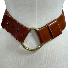 Load image into Gallery viewer, 90s Tan Leather Gold Buckle Wide Cinch Belt XS