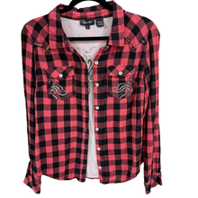Load image into Gallery viewer, Cotton Red/Black Plaid Western Embroidered Rhinestone Button-Up Size Small