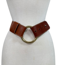 Load image into Gallery viewer, 90s Tan Leather Gold Buckle Wide Cinch Belt XS