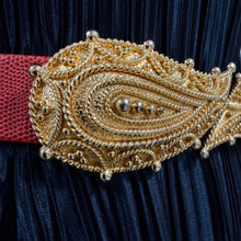 Load image into Gallery viewer, 80s Ornate Gold Buckle Red Cinch Belt Size Medium