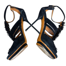 Load image into Gallery viewer, Gucci Black Suede Fringe Platform Heels Gold Zip Size 8 EU/38.5