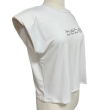 Load image into Gallery viewer, Y2K Bebe Rhinestone Logo White Stretch Tee Top Size Large 2000s Crystal Bling Shirt