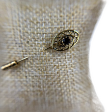Load image into Gallery viewer, 1950s Gold Tone Filigree Stick Pin with Garnet Glass Stone