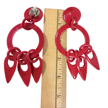 Load image into Gallery viewer, Vintage 1980s Bright Red Lucite Statement Hoop Dangle Clip-On Earrings