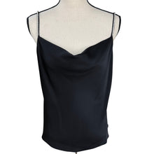 Load image into Gallery viewer, Black Satin Cowl Neck Tank Top with Rhinestone Straps Size Small
