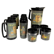 Load image into Gallery viewer, Vintage 70s Thermo Serv Pharmacy Postage Stamp Drinkware Set Pitcher Mugs & Tumblers
