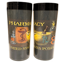 Load image into Gallery viewer, Vintage 70s Thermo Serv Pharmacy Postage Stamp Drinkware Set Pitcher Mugs & Tumblers