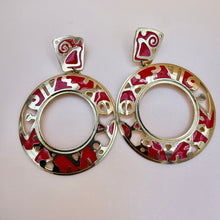 Load image into Gallery viewer, Edgar Berebi Red Enamel Gold Tone Modernist Hoop Drop Earrings