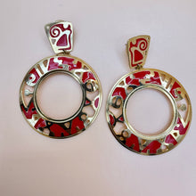 Load image into Gallery viewer, Edgar Berebi Red Enamel Gold Tone Modernist Hoop Drop Earrings