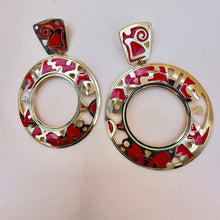 Load image into Gallery viewer, Edgar Berebi Red Enamel Gold Tone Modernist Hoop Drop Earrings
