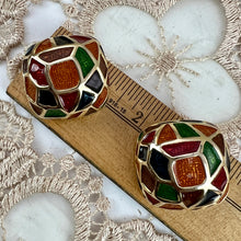 Load image into Gallery viewer, Vintage 80s Maresca Gold Plated Orange Green Red Blue Enamel Clip Earrings 1.5"