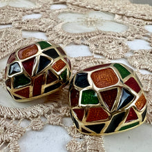 Load image into Gallery viewer, Vintage 80s Maresca Gold Plated Orange Green Red Blue Enamel Clip Earrings 1.5"