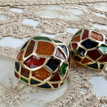 Load image into Gallery viewer, Vintage 80s Maresca Gold Plated Orange Green Red Blue Enamel Clip Earrings 1.5"