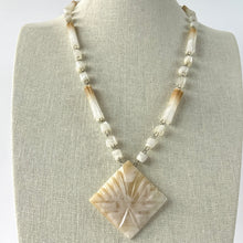 Load image into Gallery viewer, 70s Lace Agate Necklace. Dimensions: Necklace length: 25.5" length. Pendant: 2 1/4" x 2 1/4". Features a hook closure. Silver tone metal.