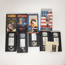 Load image into Gallery viewer, VHS Movies The Outlaw, Witness, Sagebrush Trail, & Patton Lot Sale. The outlaw starring Jane Russell and Walter Huston. Harrison Ford in The Witness, John Wayne in Sagebrush Trail, George C Scott and Karl Malden staring in Patton. Excellent condition vintage VHS movies. Vintage entertainment