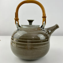 Load image into Gallery viewer, Vintage Funnel Lid Studio Art Pottery Tea Pot with Bamboo Handle Glossy Gray