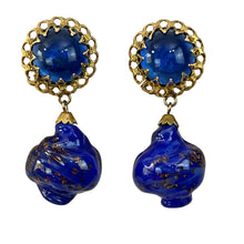 Load image into Gallery viewer, Mid Century Cobalt Blue Foiled Venetian Glass Dangle Clip on Earrings