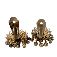 Load image into Gallery viewer, Mid Century Blue Crystal Gold Filigree Clip on Earrings