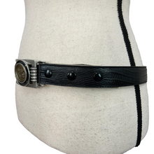 Load image into Gallery viewer, Ben Amun Roman Coin Croc Embossed Black Leather Belt Size Large
