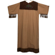 Load image into Gallery viewer, Vintage Campfire Dress. Includes seed bead leather pouch, and seed bead accessory featuring a Thunderbird, (21.5 inches long). Measurements: Chest 42", shoulder to hem 48 inches, waste 44 inches, hips 48 inches.