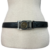 Load image into Gallery viewer, Ben Amun Roman Coin Croc Embossed Black Leather Belt Size Large