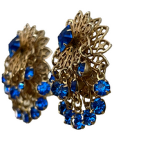 Load image into Gallery viewer, Mid Century Blue Crystal Gold Filigree Clip on Earrings