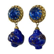 Load image into Gallery viewer, Mid Century Cobalt Blue Foiled Venetian Glass Dangle Clip on Earrings