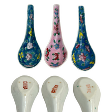 Load image into Gallery viewer, Vintage Chinese Porcelain Soup Spoons Hand Painted Enamel Flowers Set of 6
