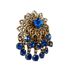 Load image into Gallery viewer, Mid Century Blue Crystal Gold Filigree Clip on Earrings