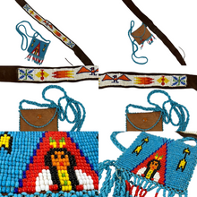 Load image into Gallery viewer, Vintage Campfire Dress. Includes seed bead leather pouch, and seed bead accessory featuring a Thunderbird, (21.5 inches long). Measurements: Chest 42", shoulder to hem 48 inches, waste 44 inches, hips 48 inches.