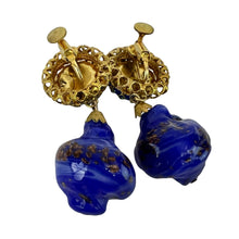 Load image into Gallery viewer, Mid Century Cobalt Blue Foiled Venetian Glass Dangle Clip on Earrings