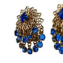 Load image into Gallery viewer, Mid Century Blue Crystal Gold Filigree Clip on Earrings