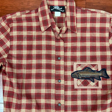 Load image into Gallery viewer, Vintage Red Plaid Button Up Shirt with Trout on Pocket 100% Cotton Size 10