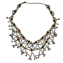 Load image into Gallery viewer, Vintage Hand Beaded Glass Bead Bib Necklace. Intricate glass beadwork featuring tiny red roses (material unknown). Luxury hand-crafted jewelry reminiscent of Colleen Toland jewelry. Excellent condition no flaws. A timeless, lovely piece to add to a jewelry collection! Processed within 1 business day (not included in shipping carrier’s estimated arrival time). Tracking uploaded immediately upon shipment.